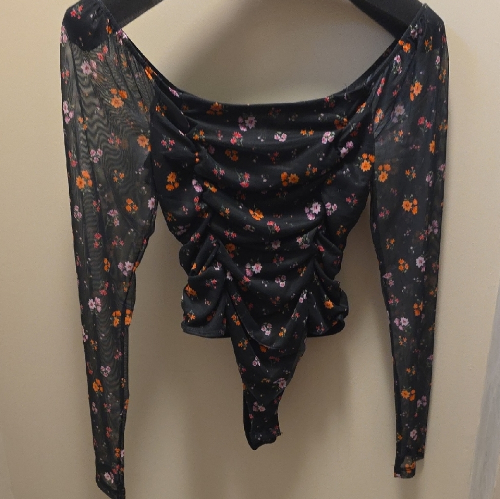 BCBGeneration Floral Mesh Bodysuit in Black